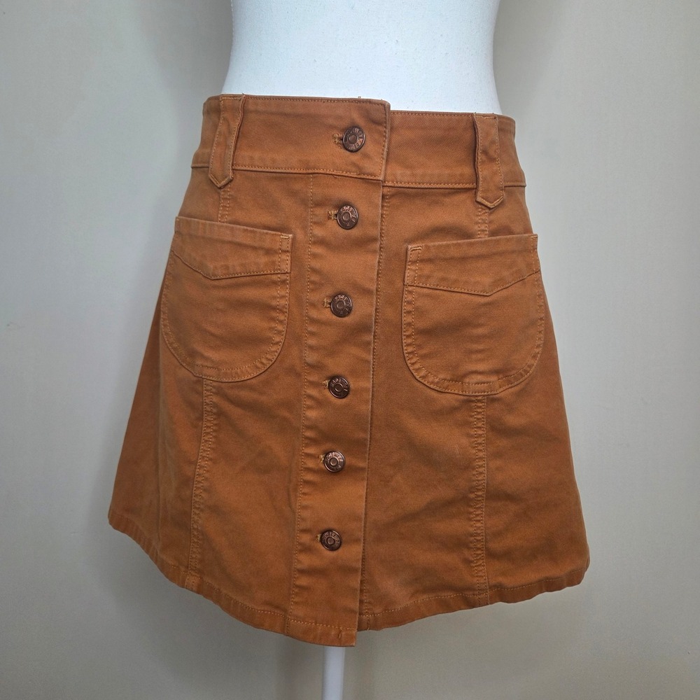 Madewell Button Front Mini Skirt Brown Cotton Twill‎ A-Line Size 4 Pocketed